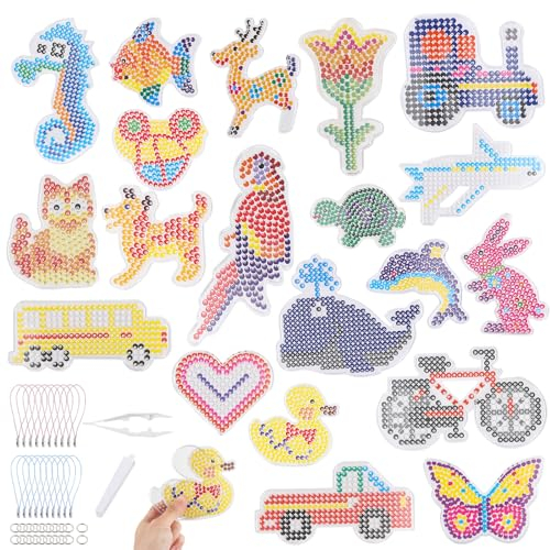 20 Stück 5 mm Transparante Perlen Steckbretter Steckplatten Set aus Transparentem Kunststoff Bügelperlen Platten mit 20 Stück Bunten Papiervorlagen, 20 Hängeseile, 20 Stück Kreise