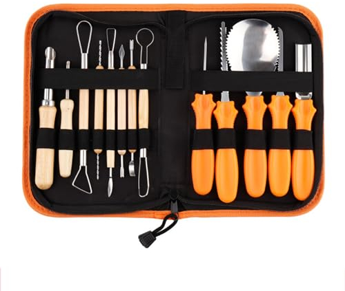 Eljeczt 14 Stück Kürbis Schnitzen Set DIY Halloween Dekoration Edelstahl Halloween Kürbis Schnitzwerkzeuge Kürbis Schnitzmesser Set Mit Tragetasche Für Kinder Und Familie,C