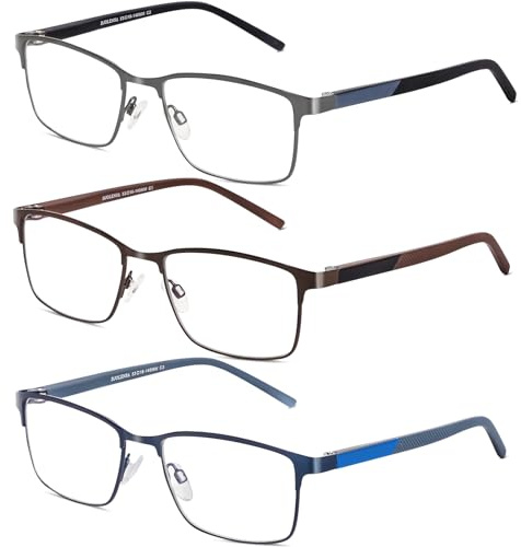 DJOLENSA 3er-Pack Lesebrillen für Männer, Blaulicht-Blocker, Computer-Lesebrille Herren, Metallrahmen mit Federscharnier & Etuis, schützt gegen Ermüdung/blendendes Licht/UV-Licht (Stärke +2.75
