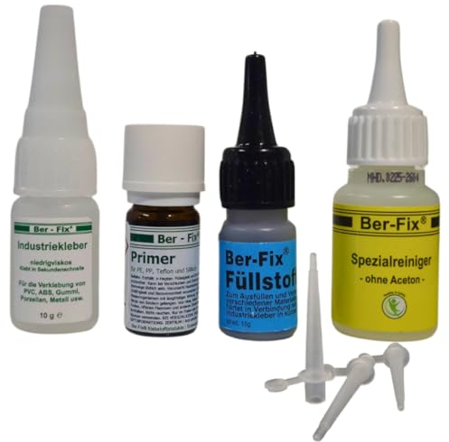 Ber-Fix Schweißnaht-Set S Primer & Füllstoff für Kunststoff, PVC, ABS, GFK, Metall, PE, PP, Silikon 10g Kleber +15g Granulat Schwarz, 5ml Primer, 20g Reiniger - Inkl. 3 Spitzen