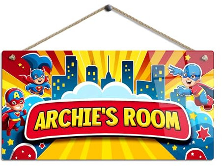Personalised Children's Room Sign with Name. Gloss Metal Wall Art. Baby, Toddler, Infant or Childs Bedroom. 5. Comic Superhero. Size: Large