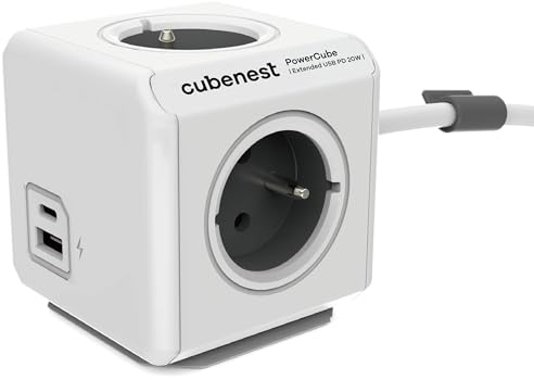 Cubenest Power Cube Steckdosenleiste Extended USB A+C PD 20W 1,5m | Innovativer Steckdosenwürfel mit Schnellladefunktion & Montagedock | Flexibel einsetzbar, Kindersicherung (Länder: FR/SK/PL/BE/CZ)