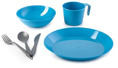 GSI Outdoors Cascadian 1 Person Table Set I 6-Piece Camping, Backpacking Mess Kit, Plastic BPA Free, Plate, Bowl, Mug, Cup & Cutlery Set - Alpine Lake