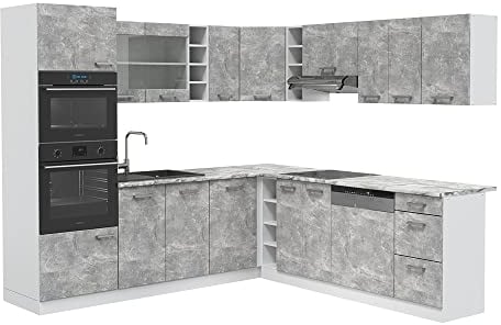 Vicco Eckküche R-Line, Küchenzeile in L-Form, Beton/Weiß, 237 x 247 cm, AP Anthrazit