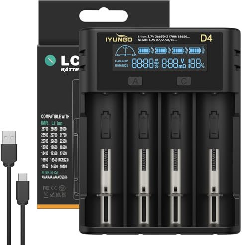 18650 Cargador, Cargador con 4 Ranuras, Pantalla LCD, Certificación CE, Apagado Automático, Compatible Ni-MH, Ni-Cd, AA, AAA, 21700, 26650, 14650, 16340, 18350, RCR123 (negro)