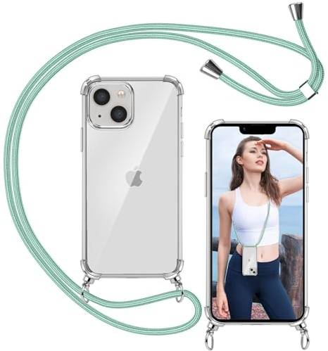 ISOI - Funda con Cuerda para iPhone 13, Colgante Ajustable Collar Correa de Cuello Cadena, Carcasa Transparente Cordón Suave TPU Silicona, con Parachoques de Airbag a Prueba de Golpes- Verde