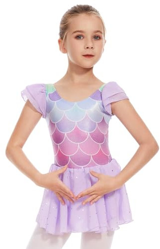 DGSHIRLDJO Leotardos de Ballet para Niñas Vestido de Baile de Manga Corta Brillante Conjunto de Ballet para niños de 2 a 12 años (Morado, 120)