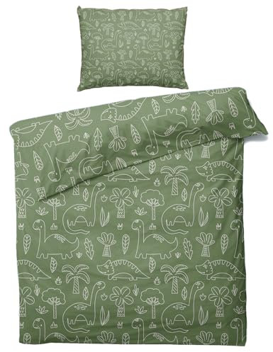 Generisch Sommer Bettwäsche 135x200 Dinosaurier - Grün Dino Kinder Bettbezug 135 x 200 2er Set, Weiche & Angenehme Mikrofaser Bettbezüge & Kissenbezug 80x80, Bettwäsche-Sets mit Reißverschluss Q*-110