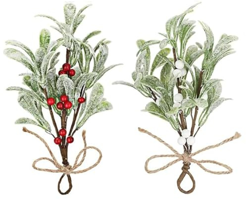 HERZONE 2stk Künstliche Mistelzweige Zum Aufhängen Weihnachts-Misteldekoration mit Roten/weißen Beeren, Künstliche Mistelblumenstiele, Hängende Mistelverzierung (weiß grün 2pcs)