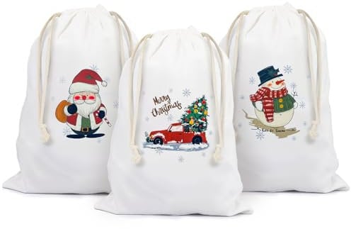 3 Stück Weihnachtstüten Groß, Geschenkbeutel Stoff (35 x 50 cm) Weihnachtssack, Geschenkbeutel Weihnachten Mit Kordelzug, Leinwand Geschenksack, WeihnachtstüTen füR Weihnachtsfeier Dekoration