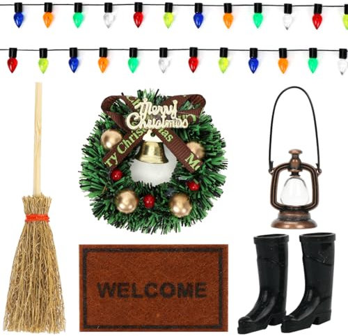 Capaneus Miniatur Garten Puppenhaus Zubehör Weihnachten, Puppenhausmöbel Wichtel Zubehör Weihnachten, Wichteltür Zubehör mit Wichtel Stiefel, Wichtel Besen, Wichtelzubehör für Weihnachtswichtel Tür