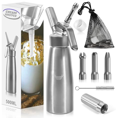 BUOAZR Sahnespender, 500ml Sahnesyphon mit 3 Deko-Düsen und 1 Reinigungbürste, 1 Netztasche, Auslaufsicherer Sahnesiphon