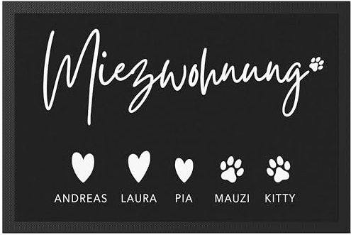DEL MÀ Unique & Personal Fußmatte Katze Miezwohnung personalisiert Einweihungsgeschenk Wohnung Geschenk zum Einzug Fußabtreter Schmutzfangmatte für Innen 60x40 cm