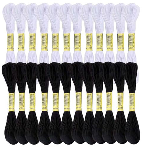KUBDPQOR Kit di fili da ricamo per punto croce – Set di fili di alta qualità per ricamo, 12 pezzi neri + 12 pezzi bianchi, ideale per lavori manuali e decorazioni