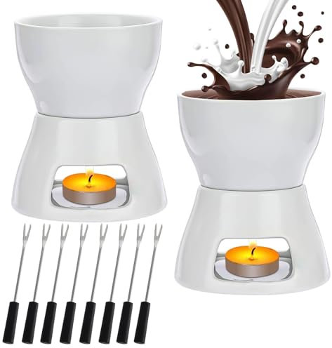 2 Pack Ceramic Chocolate Fondue Set, Cheese Melting Pots with 8 Stainless Steel Forks, 400ml Ceramic Butter Warmer for Home, Birthday, Party, Picnics (White)