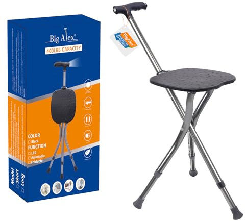BigAlex Alloy Folding Cane with Seat, Lightweight Adjustable Walking Cane with Seat, Cane Seat with LED for Woman/Man, Comfortable Handle and 3 Non-Slip Legs, Walking Stick for Seniors,Black