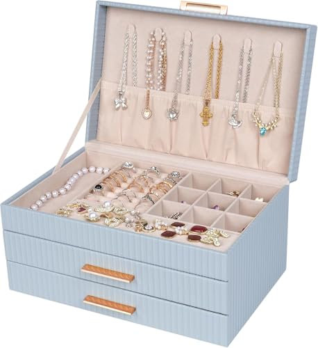 Dajasan Schmuckkästchen, Schmuckaufbewahrung, PU-Leder Schmuckkasten, 2 Schubladen, Schmuck Geschenk Box für Damen, Mädchen, Freunde, Frau oder Mutter, Geschenkidee (Rauchiges Blau)