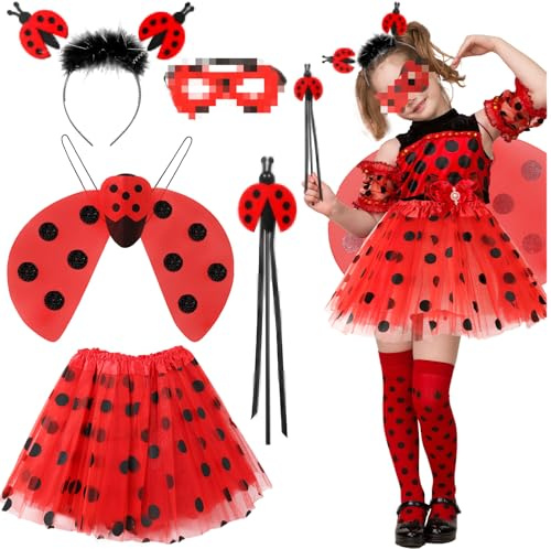 Kinder Marienkäfer Tutu Rock Set 5 Stück Marienkäfer Kostüm, Mädchen Lay-bug Kostüm Mit Einem Zauberstab, Stirnband, Flügeln und Augenmaske, Cosplay Fairy Dance Rock Für Fasching Karneval Party