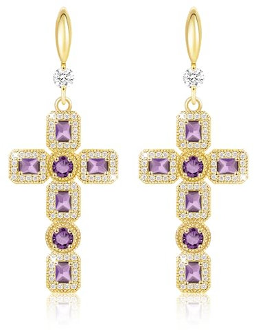 Linawe Kreuz Ohrringe Gold Hängend Ohrhänger Schmuck, Damenohrringe Amethyst Lila Kristall Strasssteine Ohringe Modeschmuck, Tropfen Ohrringe Vergoldet Kreuz Anhänger Geburtsstein