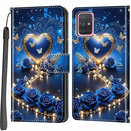 Handyhülle für Samsung Galaxy A71 Hülle, Magnetische Stoßfeste Flip Leder Schutzhülle Klapphülle, blaues Herz