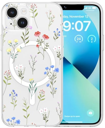 RALEAVO Magnetic Case for iPhone 15 Plus, Compatible with Magsafe Cute Flower Girls & Women Clear Case Silicone Shockproof Protective Cover with Floral Pattern Case for iPhone 15 Plus-Daisy