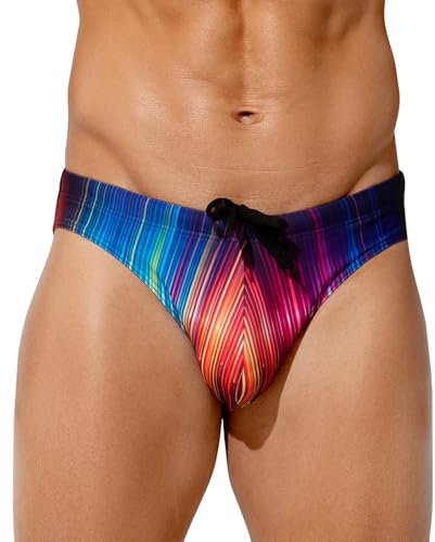 Mauro Kane Maillot de Bain pour Homme, Slip de Bain Taille Basse Swim Briefs pour Piscine Plage Plongée, Cordon de Serrage Réglable avec Imprimé Shorts Lignes colorées L