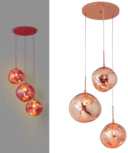 Alpinaluz Lámpara Colgante Triple de Cristal Dorado Rosa – 3 Bolas Metalizadas Ø28/Ø36cm – Casquillo E27 – Altura Ajustable – Florón Ø40cm – Diseño Moderno para Salón, Comedor o Dormitorio