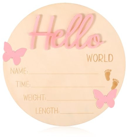 Lyreh Baby Announcement Board, Wooden Hello World Welcome Newborn Plaque Baby Birth Name Sign Board for New Born Boys Girls Photo Props Hospital Nursery Home