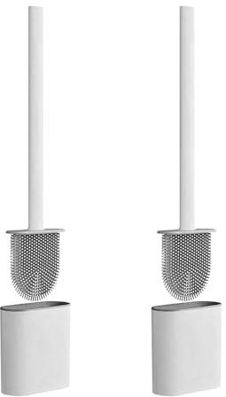 2er Set Silikon Toilettenbürste Flach mit Halter Länge 16 cm Weiß WC-Bürste Wandmontage Klobürste Bürstengarnitur