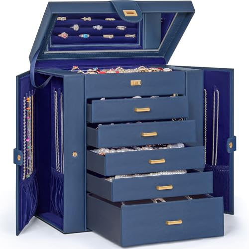 AKOZLIN Extra Large 6-Tier Jewelry Box Organizer Functional Huge, 5 Drawers Leather Jewelry Storage Case for Women Girls Ring Necklace Earring Bracelet Holder Organizer with Mirror Blue