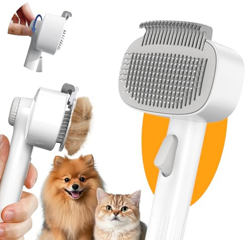 Dog & Cat Brush for Shedding, Self Cleaning Deshedding Brush with Adjustable Bristle Length & Dematting Comb, Skin Friendly Grooming Tool for Long & Medium-Long Hair Pets