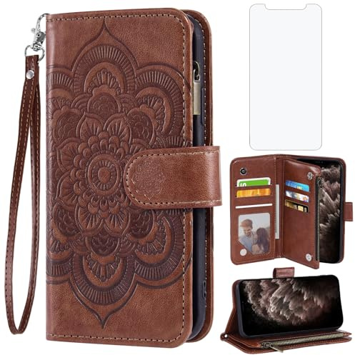 Asuwish Phone Case for iPhone 11 Pro Max 6.5 Wallet Cover with Tempered Glass Screen Protector and Flower PU Leather Flip Card Holder Cell Accessories iPhone11 11pro Promax i XI Plus Women Men Brown