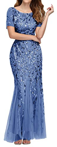 Ballkleid Damen Lang Tüll Abendkleider Elegant Für Hochzeit Curvy Netzkleid Mit Glitzernde Pailletten-Stickerei Brautjunferkleid Rundhals Kurzarm Fischschwanzkleid Netzstoff Slim Fit Ballkleider