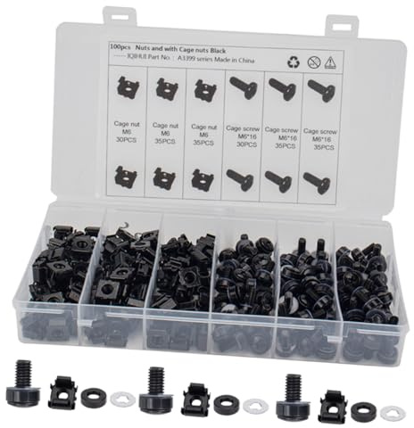LIFKOME Rack Mount Cage Nut Screws Black Square Lock Insert Nuts with Washers High Strength Resistant Hardware for Server Cabinet Chassis Replacement