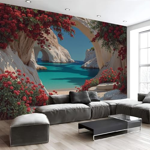 Fototapete 3D Effekt Dekoration Wandbild, Felsen Bögen 352x250cm (B×H) Seidenstoff Tapete Wandtapeten - 260g/m2 Fototapete Griechenland Strand Panorama Wanddeko, Smaragdgrün