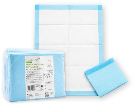 Medi-Inn Krankenunterlagen SAP Select 40x60 cm, 25x saugstarke Einweg Bettschutzunterlagen, Inkontinenzunterlagen, Wickelunterlage für Babys, flüssigkeitsdicht & rutschhemmend, blau