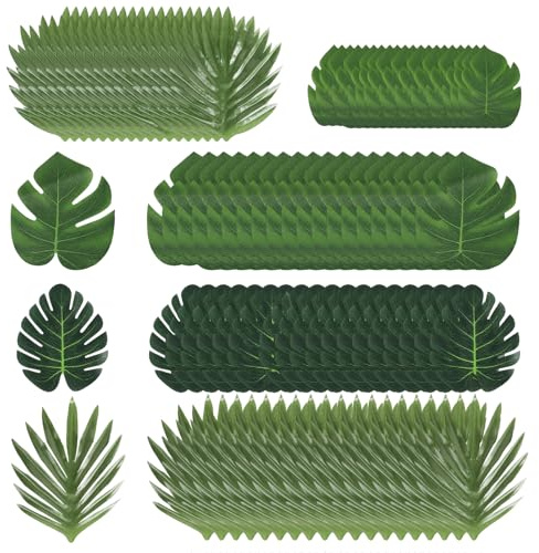 Rusokufo 100 Hojas Artificiales De Palma Decoración De Cumpleaños, 5 Tipos De Plantas Tropicales para Fiesta Hawaiana, Luau, Fiesta En La Playa, Cumpleaños, Bodas, Fiesta De Verano Y Tema Safari