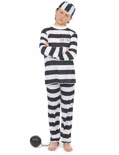 VEGAOO - Gefangenen-Kostüm für Kinder - Oberteil - Hose - Mütze - 134/140 (10-12 Jahre) - Bunt - Kostüme für Kinder - 100% Polyester - Carnaval