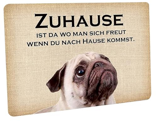 Crealuxe Fussmatte Zuhause Mops - Fussmatte Bedruckt Türmatte Innenmatte Schmutzmatte lustige Motivfussmatte
