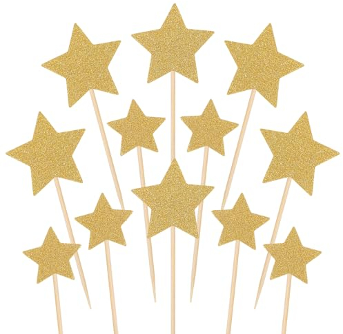 Ultnice 50 Pieces Stars Cake Topper Cover Glitter Birthday Cake Decoration Toppers (Gold)