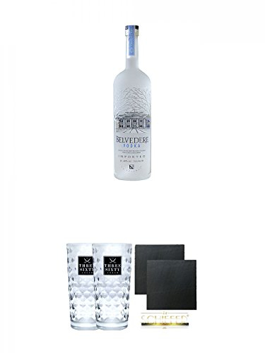 Belvedere Vodka Magnum Polen 1,75 Liter + Three Sixty Vodka Gläser 2 Stück + Schiefer Glasuntersetzer eckig ca. 9,5 cm Ø 2 Stück