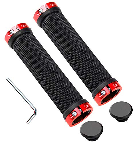 QitinDasen 1 Pair Bike Handlebar Grips, Non-Slip Rubber Bicycle Handle Grips with Aluminum Double Lock, Bike Handle Protector for MTB BMX (Red)