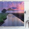 ABAKUHAUS Landschaft Duschvorhang, Misty Sonnenaufgang Sunnny Sky, Stoffliches Gewebe Badezimmerdekorationsset mit Haken, 175 x 200 cm, Lila Grün