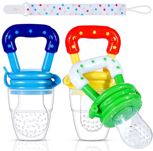 Faburo 4pcs Baby Food Fresh Fruit Feeder Pacifier Set | 3pcs Pacifier Feeder Teething Toy Teether and 1pcs Pacifier Clips for Baby, Weaning Dummies