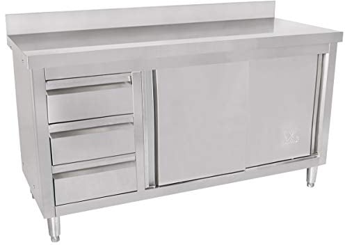 Beeketal 'BAS140-60L' Gastro Edelstahl Küchenschrank mit 3 Schubladen (links), 2 Rolltüren und 4 verstellbaren Standfüßen, Küchen Arbeitsplatte mit 10 cm Aufkantung - (L/B/H) ca. 1400 x 600 x 950 mm