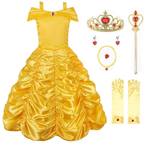 JerrisApparel Abito Belle Ragazze Costume Principessa Carnevali Natale (Etichetta 120, Giallo con Accessori)
