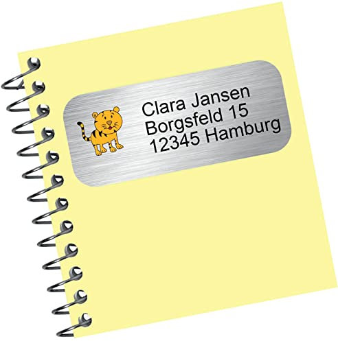 INDIGOS UG® Namensaufkleber Adressaufkleber - 42x22 mm - personalisiert - Edelstahllook - 099 - Katze - 99 Stück für Kinder, Schule und Kindergarten - Stifte, Federmappe, Lineale
