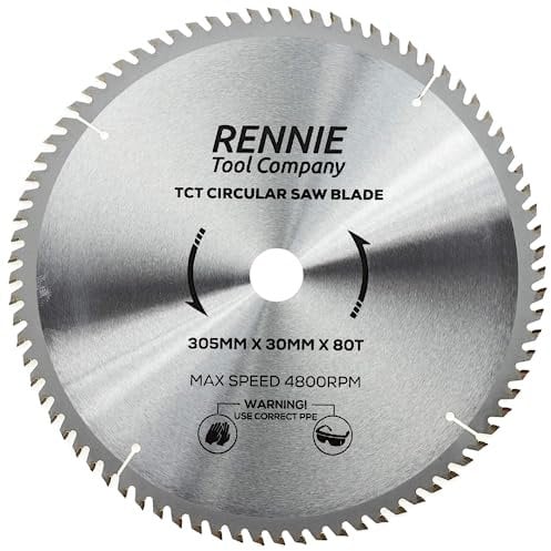 Rennie Tools - 305mm x 30mm x 80T TCT Circular Wood Saw Blade Includes 25mm 20mm & 16mm Bore Reduction Rings. Compatible with Bosch Makita Dewalt Circular Saw Etc.