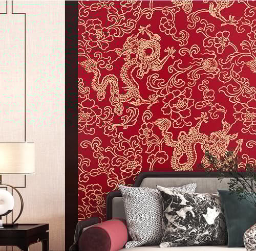 Prior.choice 9.5X0.53M Traditional Chinese Red Yellow Dragon Flowers Waterproof Textured PVC Wallpaper Roll for Bedroom Livingroom 1.73' W x 31.2' L=5.035㎡ (54sq.ft)