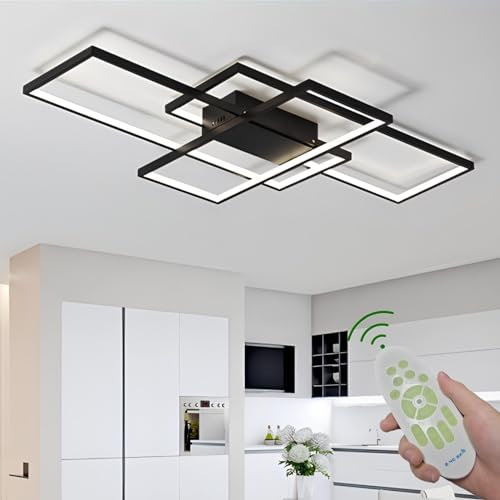 LED Lámpara De Techo De Salón Luz De Techo De Comedor Moderno Regulable Control Remoto Dormitorio Decoración Araña De Techo Cocina Creativa Estudio Balcón Pasillo Corredor Luces,Negro,110x60x6.5cm